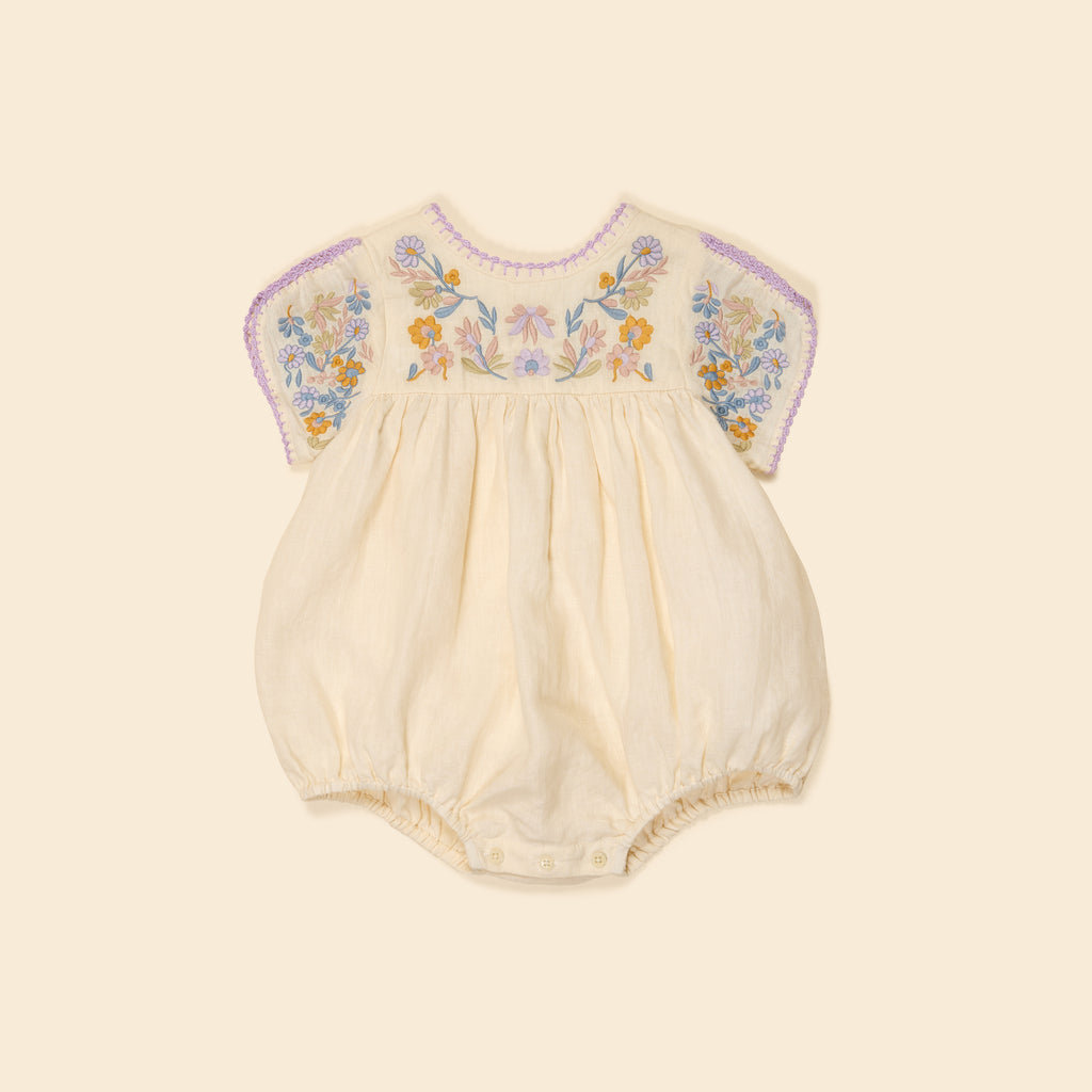 Apolina - Baby Stevie Linen Embroidered Bubble in Cream - Baby