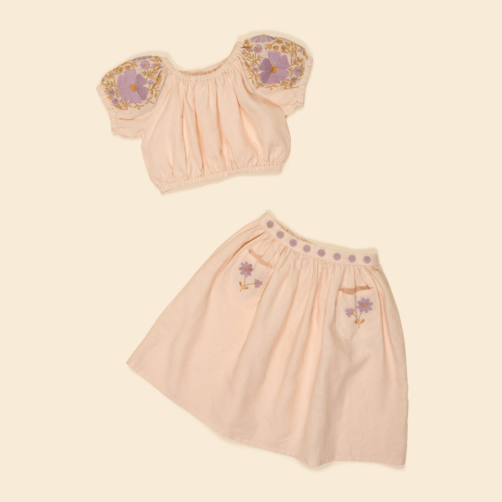 Apolina - Velma Linen Embroidered Skirt Set in Blush - Child Apolina - Velma Linen Embroidered Skirt Set in Blush - Child