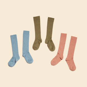 Ribbed Knee High Socks - Rosewood/Olive/Bluebell