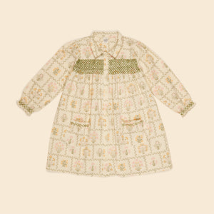 apolina, aw24, kids, floral, embroidery, embroidered, folk, bohemian, smocking, smocked, flower, prairie, bluebell, Stevie, Mia, bette, girls, Childs, children, dress, skirt, pinafore, pini, linen, organic, cotton, pattern, patchwork, jersey, coat, outerwear