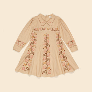 apolina, aw24, kids, floral, embroidery, embroidered, folk, bohemian, smocking, smocked, flower, prairie, bluebell, Stevie, Mia, bette, girls, Childs, children, dress, skirt, pinafore, pini, linen, organic, cotton, pattern, patchwork, jersey, coat, outerwear