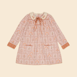 apolina, aw24, kids, floral, embroidery, embroidered, folk, bohemian, smocking, smocked, flower, prairie, bluebell, Stevie, Mia, bette, girls, Childs, children, dress, skirt, pinafore, pini, linen, organic, cotton, pattern, patchwork, jersey, coat, outerwear