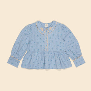 apolina, aw24, kids, floral, embroidery, embroidered, folk, bohemian, smocking, smocked, flower, prairie, bluebell, Stevie, Mia, bette, girls, Childs, children, dress, skirt, pinafore, pini, linen, organic, cotton, pattern, patchwork, jersey, coat, outerwear