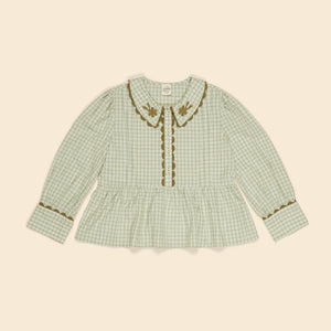 apolina, aw24, kids, floral, embroidery, embroidered, folk, bohemian, smocking, smocked, flower, prairie, bluebell, Stevie, Mia, bette, girls, Childs, children, dress, skirt, pinafore, pini, linen, organic, cotton, pattern, patchwork, jersey, coat, outerwear