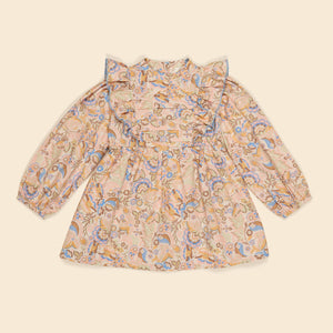 apolina, aw24, kids, floral, embroidery, embroidered, folk, bohemian, smocking, smocked, flower, prairie, bluebell, Stevie, Mia, bette, girls, Childs, children, dress, skirt, pinafore, pini, linen, organic, cotton, pattern, patchwork, jersey, coat, outerwear