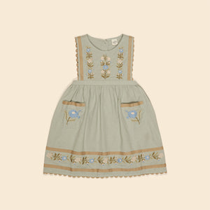 apolina, aw24, kids, floral, embroidery, embroidered, folk, bohemian, smocking, smocked, flower, prairie, bluebell, Stevie, Mia, bette, girls, Childs, children, dress, skirt, pinafore, pini, linen, organic, cotton, pattern, patchwork, jersey, coat, outerwear