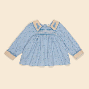 apolina, aw24, kids, floral, embroidery, embroidered, folk, bohemian, smocking, smocked, flower, prairie, bluebell, Stevie, Mia, bette, girls, Childs, children, dress, skirt, pinafore, pini, linen, organic, cotton, pattern, patchwork, jersey, coat, outerwear