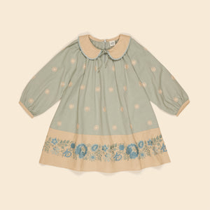 apolina, aw24, kids, floral, embroidery, embroidered, folk, bohemian, smocking, smocked, flower, prairie, bluebell, Stevie, Mia, bette, girls, Childs, children, dress, skirt, pinafore, pini, linen, organic, cotton, pattern, patchwork, jersey, coat, outerwear