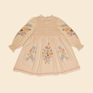 apolina, aw24, kids, floral, embroidery, embroidered, folk, bohemian, smocking, smocked, flower, prairie, bluebell, Stevie, Mia, bette, girls, Childs, children, dress, skirt, pinafore, pini, linen, organic, cotton, pattern, patchwork, jersey, coat, outerwear