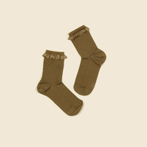 (OUTLET) Ribbed Frill Ankle Sock - Olive